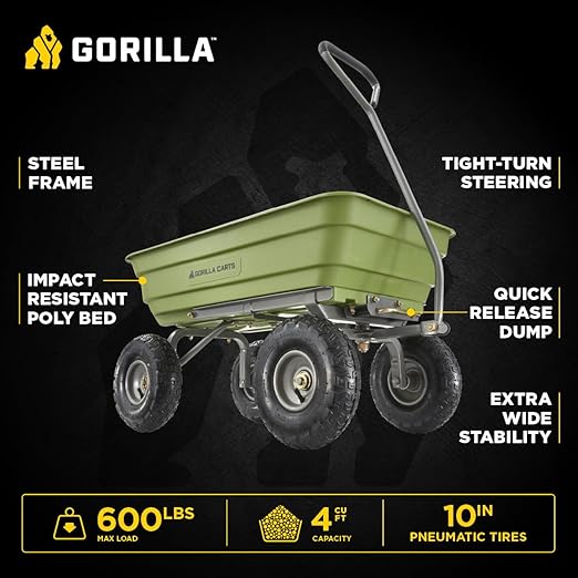 Gorilla Carts Poly Garden Dump Cart, 4 Cu Ft Tub, 600 lb Haul Capacity, Green – Heavy-Duty Utility Wagon with Quick-Release Dumping & Pneumatic Tires for Yard, Landscaping and Gardening