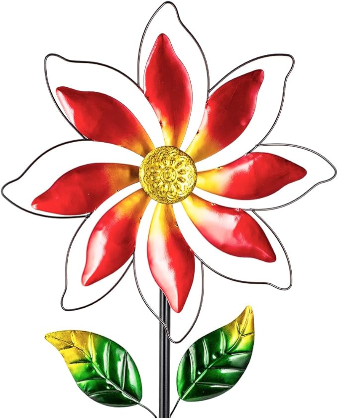 Wind Spinner Outdoor,14’’ Dia Red Flower Shape Garden Pinwheels Spinners,Waterproof Windmill for Yard Lawn Patio Decor