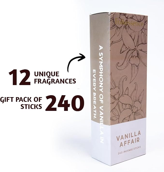 Folkulture Incense Sticks (240 Sticks) | Set of 12 Premium Incense Sticks Variety Pack Aromatherapy Gifts | No Charcoal, Organic, Non Toxic, 45 Mins, Long Burning Palo Santo, Vanilla Insence-Sticks