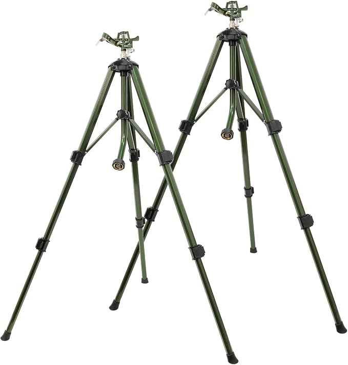 RESTMO 2 Pack Tripod Base Zinc Impact Sprinkler, 360° Rotating & 3-Height Adjustable Tripod, Heavy Duty Full Metal Sprinkler for Agriculture and Large Yard Irrigation