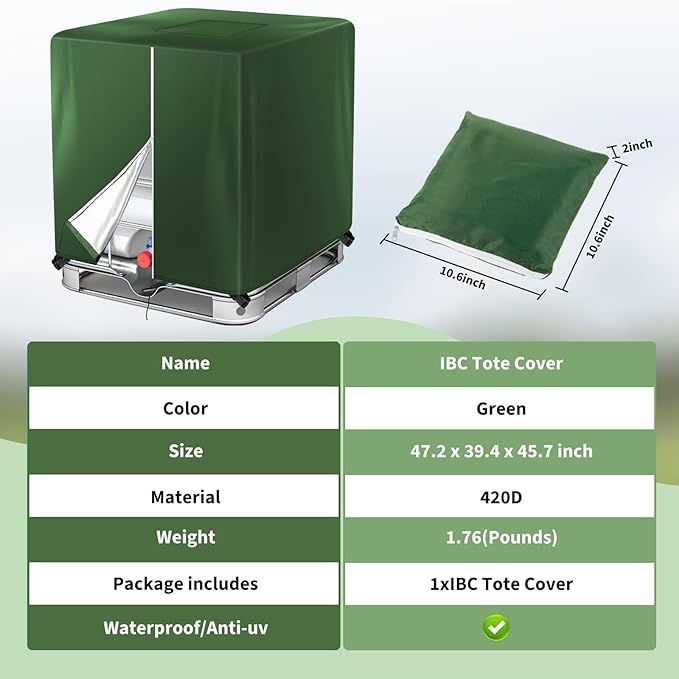 IBC Tote Cover 330 Gallon Water Tank Protection Cover Zipper 420D Heavy Waterproof Sunscreen Material 1000L Outdoor Garden Green