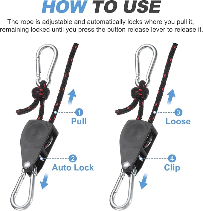uxcell 4 Pairs 1/4" Adjustable Rope Hanger, 11.81ft(3.6 Meter) Heavy Duty Ratchet Tie Down Strap with Rope Clip Hanger for Hanging Plants, Grow Light and Various Tie-Down Uses, Black/Red
