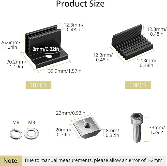 Anbte 10pcs Solar Panel Mounting Brackets 30-50mm Adjustable, Aluminum Solar Panel End Clamp Include 10*Screw M8 and 1*Wrench, Solar Mount Kit for Metal Roof, Tin Roof, Flat Roof, Sheet Roof, Black