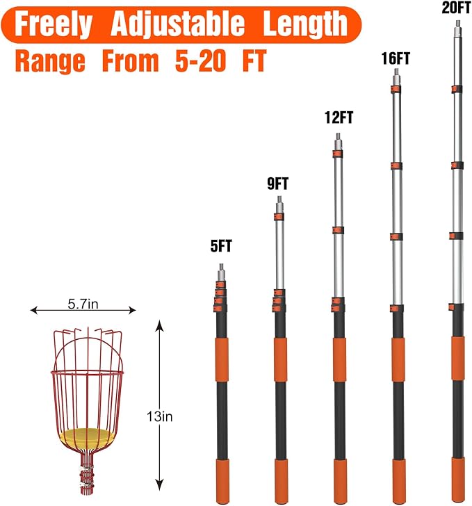 LAANPOLE 26FT Reach Fruit Picker Pole with Basket Telescoping, Apple Picker with 5-20FT Telescoping Pole for Apple Orange Lemon Mango Avocado Guava Fruit Picking