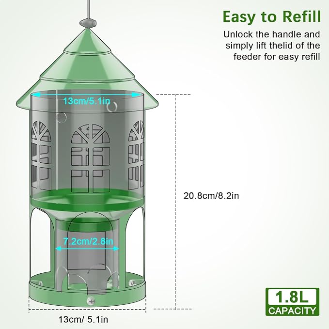 Metal Bird Feeder for Outdoor Hanging, Large Capacity Wild Bird Feeder with Weatherproof Roof & Squirrel-Proof Design, Easy to Fill & Clean, Ideal for Cardinals, Finches, and Blue Jays
