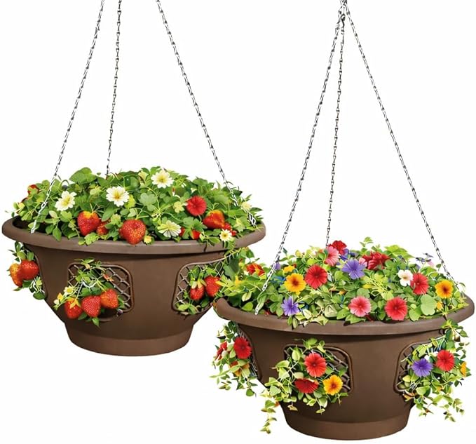 Ultimate Hanging Baskets - Strawberry, Tomato, Flower, and Herb Outdoor Planters - Use Garden Pots for Growing Plants Outside On A Deck, Fence, or Balcony (Mocha 2pk)