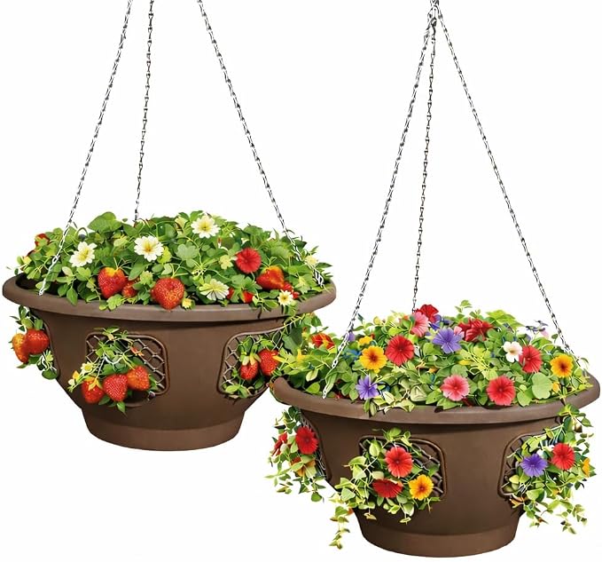 Hanging Planter Basket 20 Pack Bulk, Easy Fill Strawberry Planter, Outdoor Hanging Basket with Side Planting Panels, Durable UV Resistant Planters, Made in USA (20, Mocha)