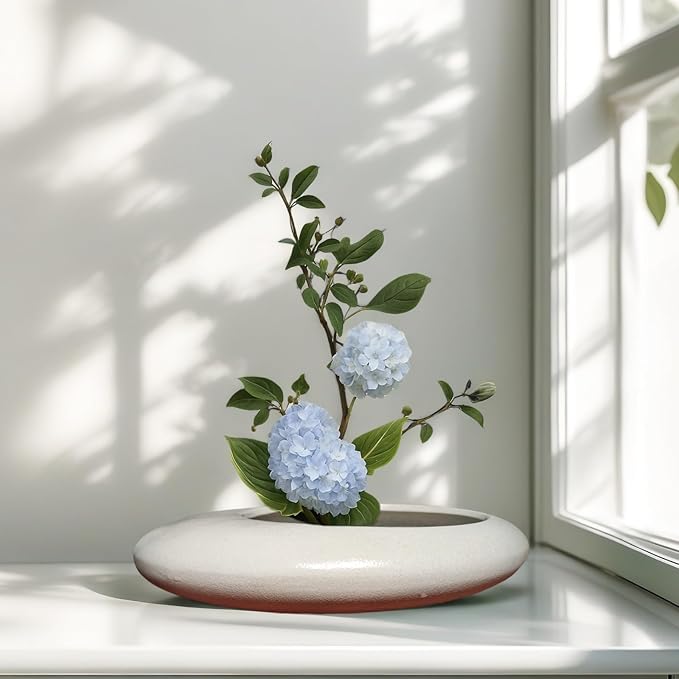 Ikebana Bowl Kit - Ikebana Vase (Japanese Flower Bowl Vase) with 1.8'' Floral Frog, Ikebana Set for Japanese Flower Arrangement (White, 1.8'' Floral Frog Included)