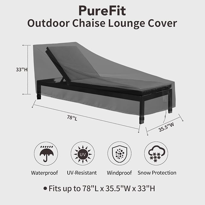 PureFit Outdoor Chaise Lounge Cover, Lounge Chair Covers Waterproof Patio Furniture Lounge Chair Cover, UV Resistant & Weatherproof, 1 Pack, 78"L x 35.5"W x 33"H Inches, Black