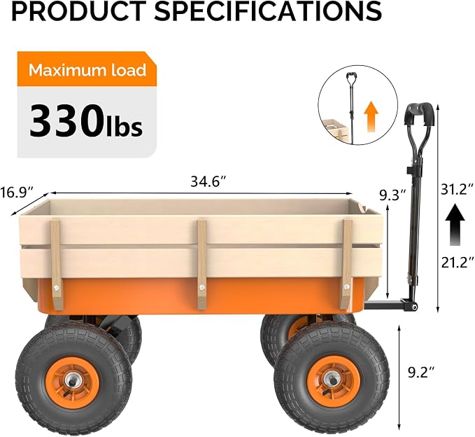 VINGLI Wagon Cart, Steel Frame and Wood Coated Railing, 330lbs All Terrain Wagon 9.2in Tires for Garden and Outdoor (Orange)