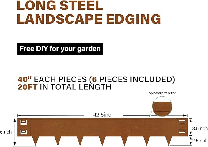 Cor-Ten Steel Landscape Lawn Edging, 40" L x 6" H,6 Pack Steel Edging for Landscaping,Metal Landscape Edging, Metal Edging for Landscaping(180 Degree Bend, Rusted)