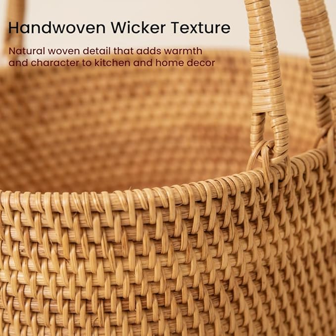 Handwoven Rattan Storage Basket with Handles, Natural Wicker Decorative Basket for Kitchen Counter, Pantry Organization, Floral Arrangement, Gift Packaging & Home Decor