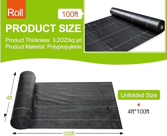 3.2oz Heavy Duty Woven Weed Barrier Fabric 4ft x 100ft Black Water Permeable Landscape Fabric for Season Long Garden Weed Control