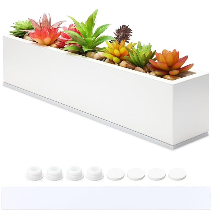 FillTouch 1 Pcs Long Rectangular Planter Box Window Sill Plant Box Metal Water Trough Indoor Large Modern Steel with Drainage Holes Herb Garden Home (16.1 x 3.2 x 3.5 Inch,White)