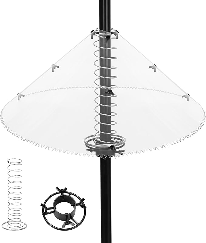 Squirrel Baffle for Bird Feeder Pole, Squirrel Guard with Mounting Bracket, Spring-Supported and Spiked Edge, for 1x1 Post, 19-Inch, Clear
