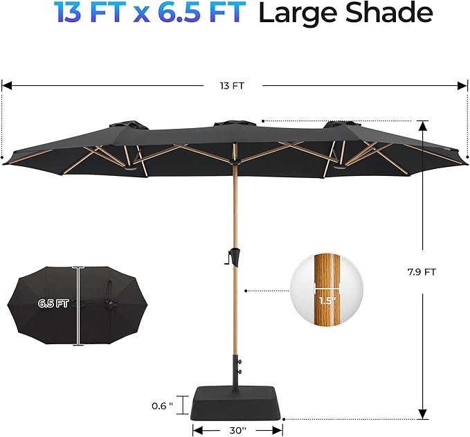 SUPERJARE 13FT Outdoor Patio Umbrella with Base Included, Double Sided Pool Umbrellas with Fade Resistant Canopy, Large Table Umbrella for Deck, Market, Backyard - Black
