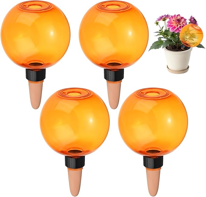 M METERXITY 4-Pack Plant Self Watering Globes, 6.9 oz Plastic Bubble Water Bulbs Top Fill for Indoor/Outdoor Plants, Self Watering Spikes Slow Release Terracotta [Orange]