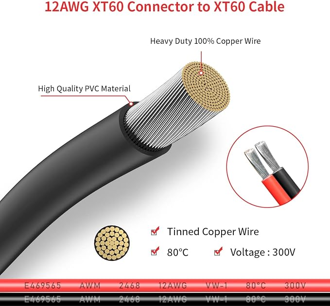 ELFCULB 12AWG 6FT XT60 Extension Cable 2 6 10 20 35 50 75 100FT XT60 Female to Male Connector for RC Battery Portable Power Station Solar Panel(6FT)