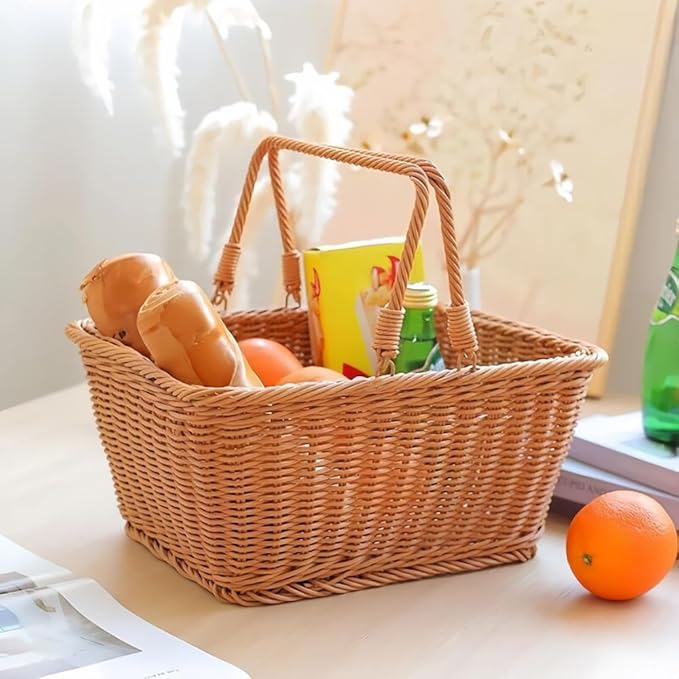 Picnic Basket, Garden Harvest Basket, Wicker Shopping Baskets with Foldable Handles, Reusable Handwoven Market Baskets for Carrying Shopping Storage Gathering (Brown, Rectangle)