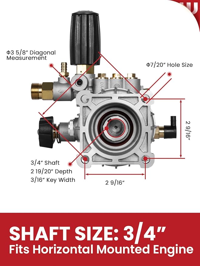 WOJET Pressure Washer Pump, 3/4" Shaft, 3400PSI 2.5GPM, Horizontal Power Washer Pump With Anti-seize, Self-Priming, Replacement Pressure Washer Pump Kit for Dewalt, Simpson, Craftsman, Honda, Generac
