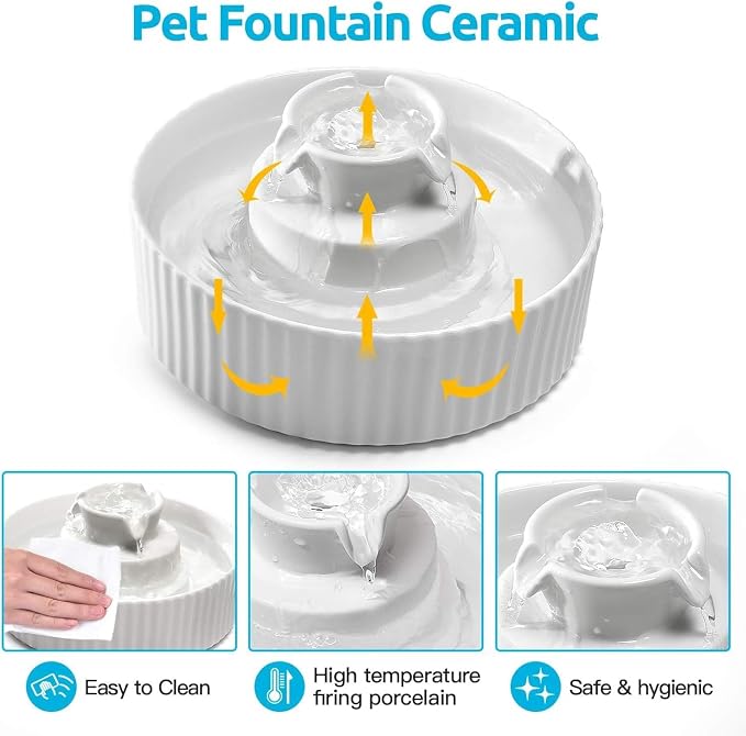 2.1L Ceramic Cat Water Fountain for Cats and Dogs-360° Ceramic Pet Fountain-70 Oz Large Water Capacity- Whisper-Quiet Water Flow-Great for Shy or Timid Pets- Fresh-Filtered Water