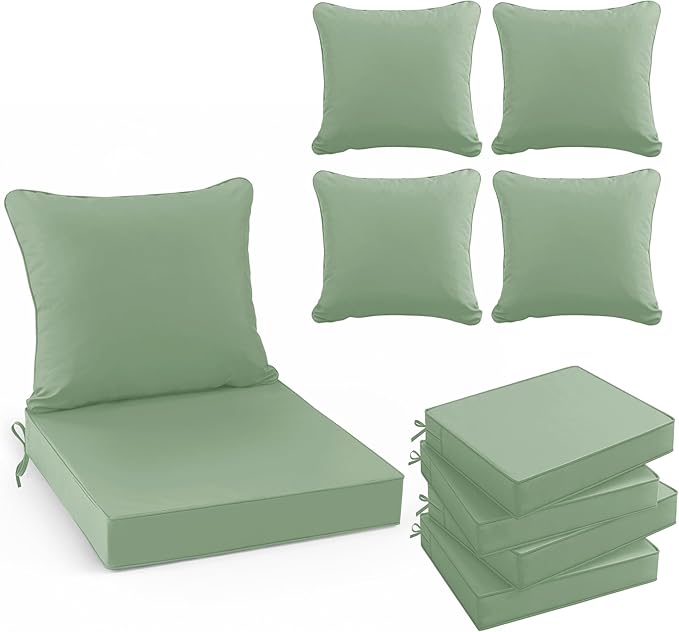Summsun Outdoor Cushions for Patio Furniture, Double-Sided Waterproof Backrest and Deep Seat Cushion Set with Removable Cover, 22 x 22 Inch, Sage Green, Set of 4