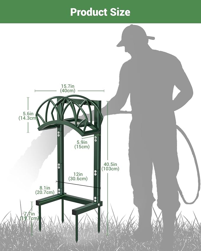 HZE Garden Hose Holder, Freestanding Water Hose Holder Stand for Outside, Heavy Duty Detachable Metal Garden Tube Storage Hanger Rack Holds 160 FT for Yard Lawn Farm, Green