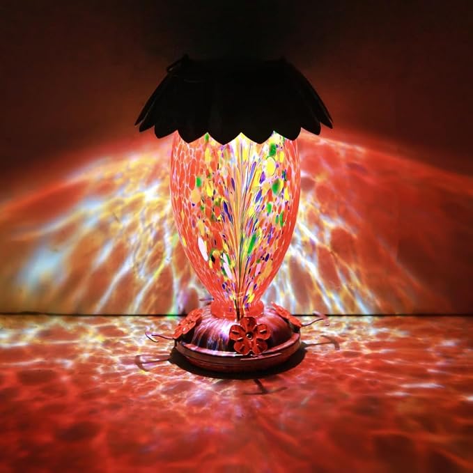 Solar Hummingbird Feeder for Outdoors Hanging Colorful Lighting 32 Oz Hand Blown Glass Hummingbird Feeder for Garden Decoration with Accessories (Firework)
