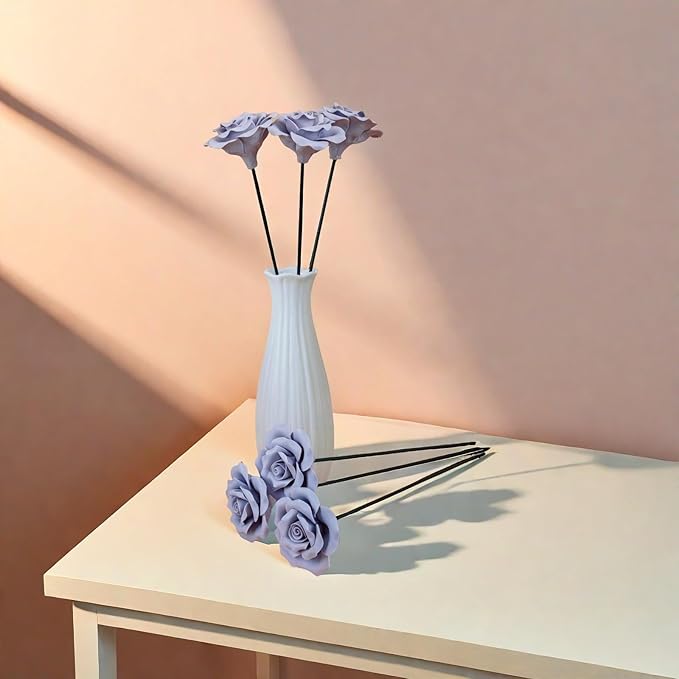 Handmade Porcelain 3D Ceramic Rose Flower, Eternal Flower Decoration for Home Office Decor, Creative Desktop vases, Porcelain Decorations, Exquisite, Set of 6 (Purple)
