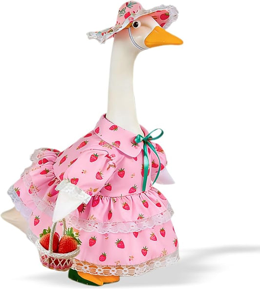 Summer Porch Goose Outfit for 23" Cement Statue Goose,Porch Goose Clothes with Strawberry Skirt and Hat for Spring Outdoor Yard Lawn Patio Decor（pink）