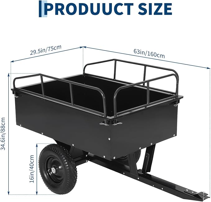 Garvee 750LB Heavy Duty Garden Dump Cart, 15 Cu ft Garden Trailer Steel Garden Cart with Removable Sides, Utility Wagon Tow Behind ATV UTV Lawn Mower Tractor, Foot Pedal Quick Dump