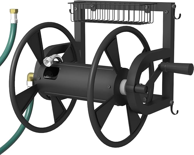 Artigarden Outdoor Wall Mounted Hose Reel with Hook, Garden Heavy-Duty Water Holder Winder with 3.9 ft Leader Hoses, Brass Fitting and Storage Basket for Yard, Holds 125 Ft of 5/8-Inch Hose, Black