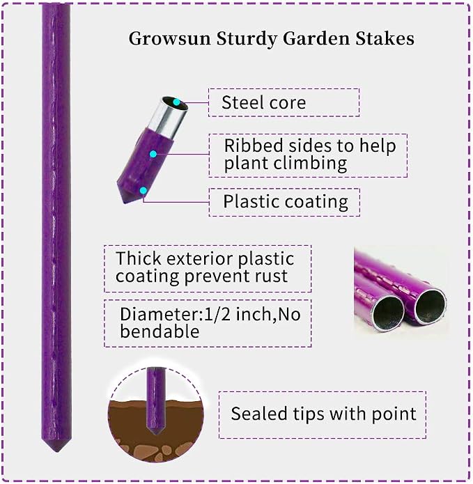 Growsun Large Tomato Cage 6 Pack Upto 73 inch Tall Tomato Trellis Garden Stakes Plant Support,Purple(5ft Stake add 18 inch Adjustable Stakes)