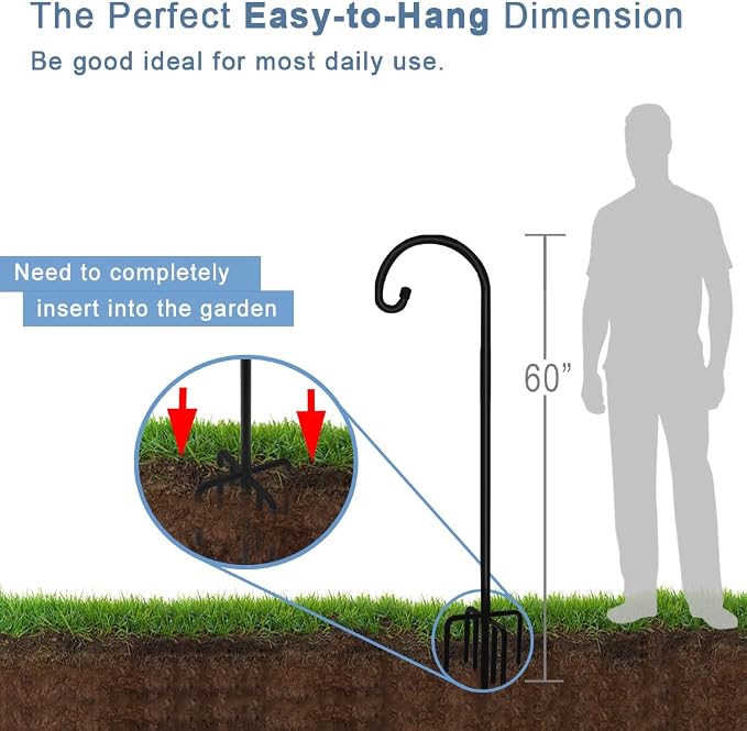 Artigarden 60 inch Outdoor Shepherd Hook with 7 Prong Base (2 Packs), Adjustable Heavy Duty Garden Hanging Stake for Bird Feeder Solar Light Plant Hanger Wedding Decor, Matte Black