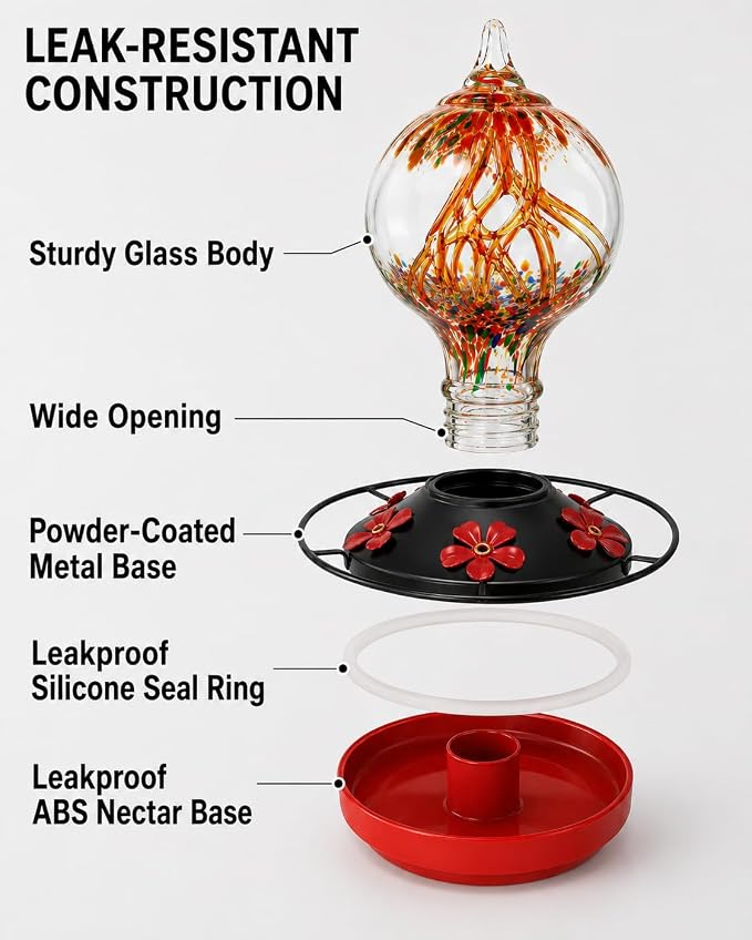 Hummingbird Feeder for Outdoors Hanging, 34 Oz, Hand Blown Gift Inner Glass Décor for Garden, Ant Moat & Bee-Resistant Ports, Decoration Stained Humming Bird Feeders, Sunset Red