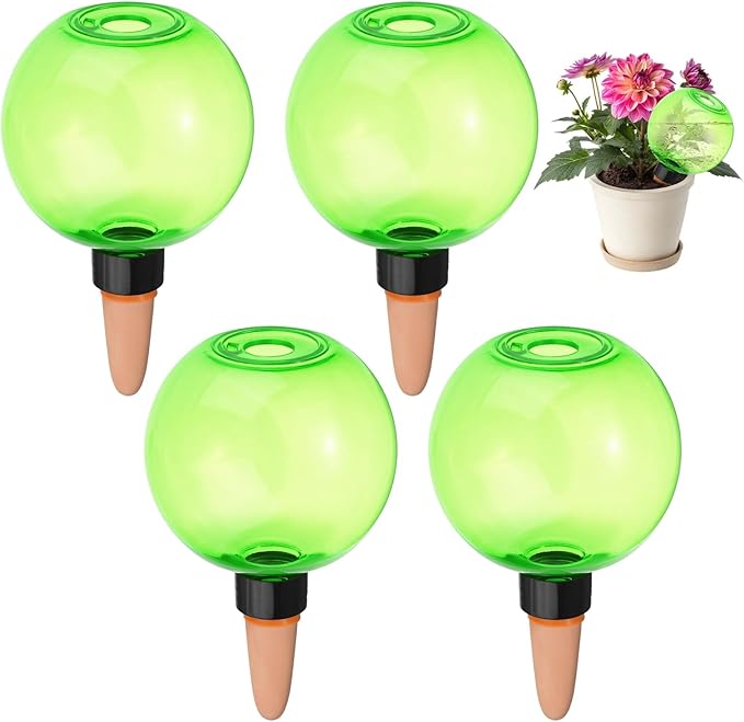 M METERXITY 4-Pack Plant Self Watering Globes, 6.7 oz Plastic Bubble Water Bulbs Top Fill for Indoor/Outdoor Plants, Self Watering Spikes Slow Release Terracotta [Green]