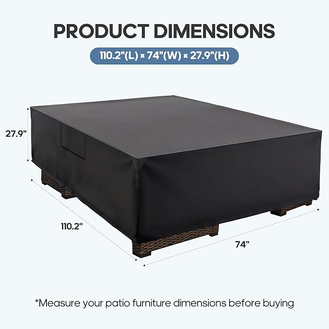 DUMOS Outdoor Furniture Cover, Rectangular Heavy Duty 600D UV Resistant & Waterproof Patio Furniture Covers for Deck Table and Chairs, Backyard Patio Dining Sets, 111"L x 74"W x 28"H, Black