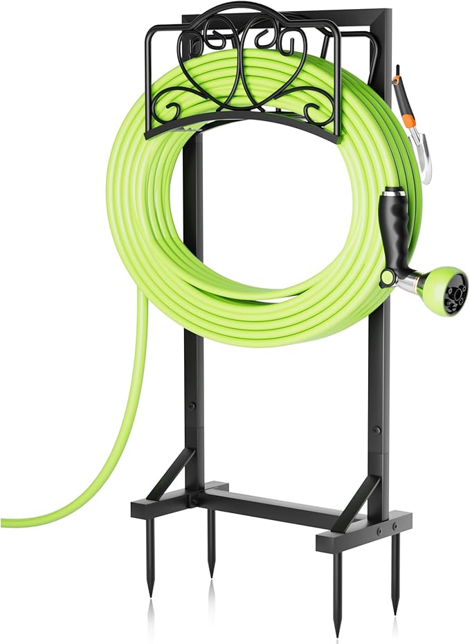 Garden Hose Holder with Tool Hooks and Stable Base, Heavy-Duty Garden Hose Storage Metal Hose Hanger Holds 160Ft, Rustproof Freestanding Water Hose Holder for Outside, Yard, Lawn, Farm, Black