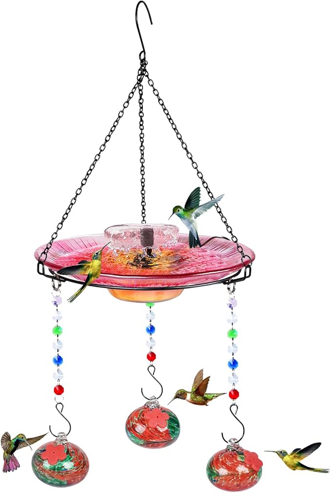 Headak Life Hummingbird Feeder Glass with Hanging Bird Bath for Outside Combo Set,12 Fluid Ounces,Solar Hummingbird Bath with Fountain (11inch),Backyard, Patio Garden Yard Decoration (Red)