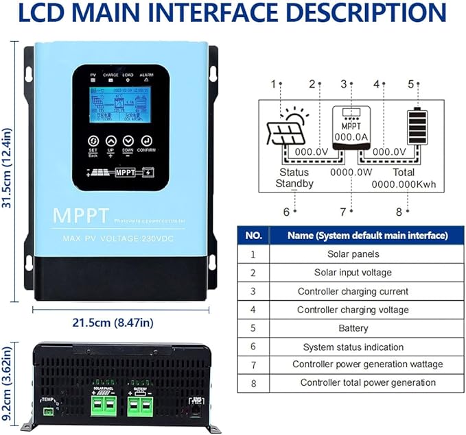 60A MPPT Solar Charge Controller,12V 24V 36V 48V 60V 72V 84V 96V Solar Battery Regulator PV Max 230V for Sealed Lead Acid Gel and Li Battery