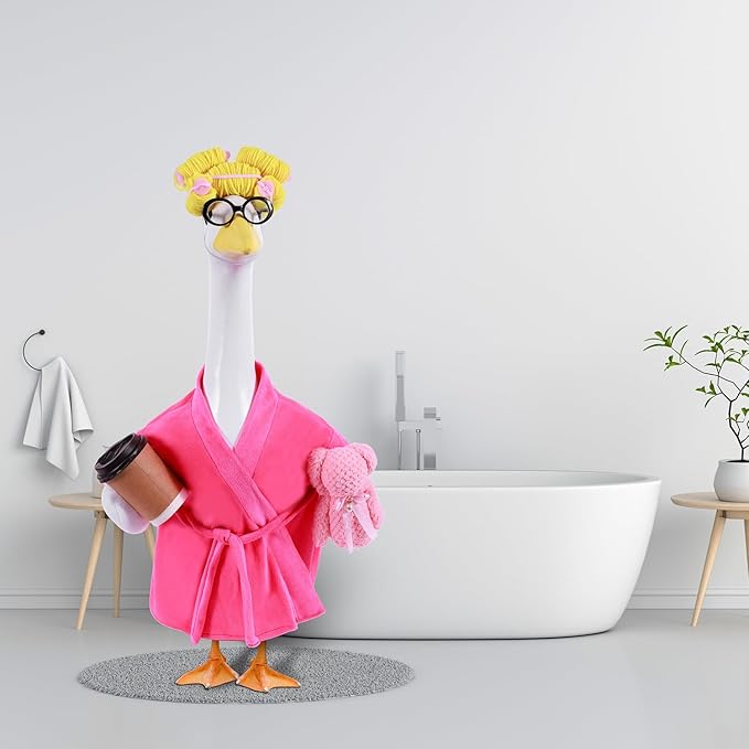 Lady Porch Goose Outfits,Bathrobe Porch Goose Statue Costume with Curlers Reading Glasses Coffee Cup Towel,Cute Goose Clothes for 23-Inch Cement or Plastic Statue,Lawn Yard Garden Patio Decor(Pink)