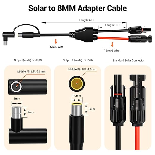 20FT Solar Connector to 8mm Adapter Cable with DC8020/7909 Compatible with BLUETTI, Yeti, Anker, Jackery Portable Power Station for Camping, RV, Emergency Use
