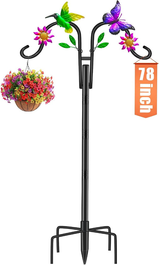 Double Shepherds Hooks for Outdoor, Artistic Hummingbird & Flower Design, 5 - Prong Base, Ideal for Bird Feeders, Baskets & Lanterns (1 Pack)