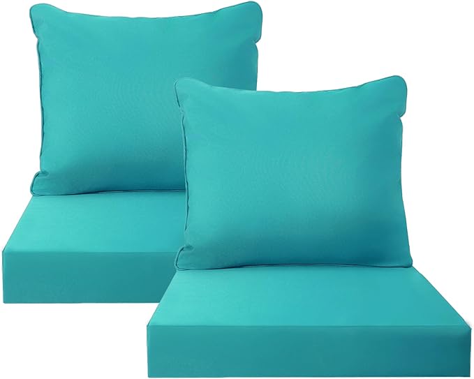 PatioGlow Outdoor Seat Cushion Set, 24" x 24" x 3.5", Set of 2, Water-Resistant & Fadeness Patio Furniture Cushions with Removable Cover & Ties, Thick Deep Seating Pads for Outside Sofa Couch, Teal
