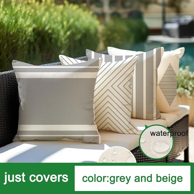 RABUSOFA Outdoor Pillow Covers 18x18 inch Waterproof,Gray and White Boho Set of 4 for Patio Furniture Sunbrella Couch(2G-18) (18" x 18" (Pack of 4))