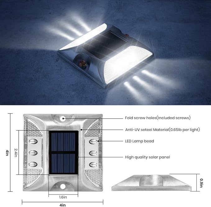 Solar Raised Pavement Marker High Brightness IP68 Waterproof Solar Powered Reflector Road Solar Blinker Light for Anti-diecast Aluminum Protruding Signs Warning 8PCS (White)