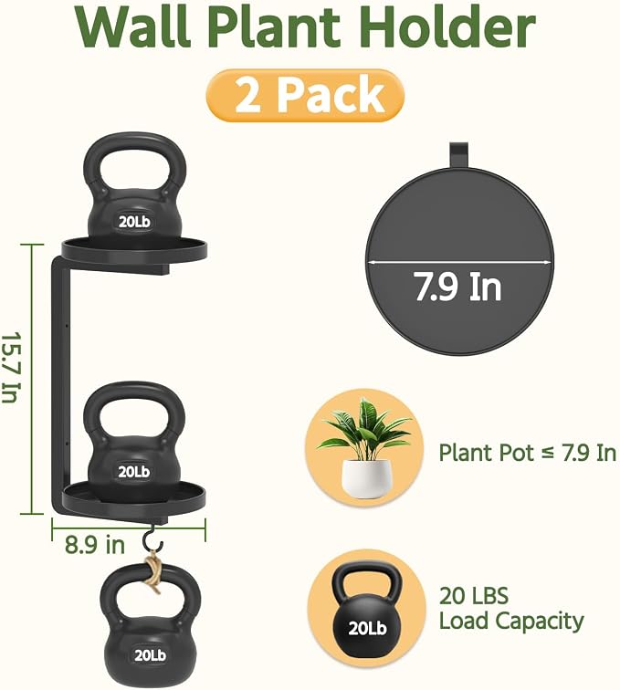 LASZOLA Plant Hangers Holder Wall Mounted Indoor, Metal 2 Tier Window Hanging Plant Shelves, 2Pcs Modern Floating Flower Display Stand with 2 Hooks for Outdoor Kitchen Bathroom Decor, Black