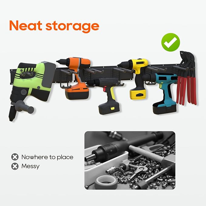 Wall Mount Garage Storage | Garden Tool Organizer | 350 lb Capacity Adjustable Steel Rails with 6 Rubber-Coated Hangers | Rustproof Carbon Steel Storage Rack for Garage, Shed & Outdoor Tools