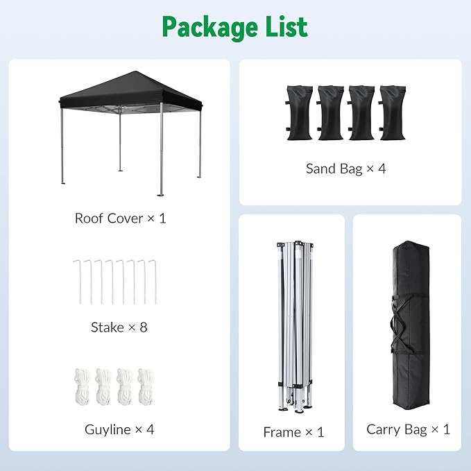 Driftalia 10x10 Pop Up Canopy Tent, Instant Setup Portable Canopy with Carry Bag, 4 Sandbags and 8 Stakes for Outdoor Events, Parties & Camping - Black