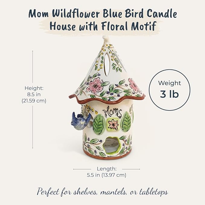 Blue Sky Clayworks Mom Wildflower Blue Bird Candle House, Ceramic, 6" L x 6" W x 9" H, Garden Thank-You Glow